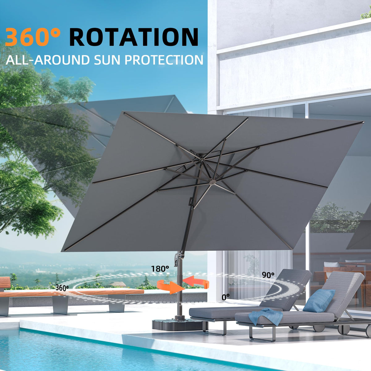 ORYNTREX 9' X 12' Cantilever Outdoor Patio Umbrellas Double Top Large Rectangle Umbrella Heavy Duty 360°Rotation Offset Umbrella for Garden Deck Pool Patio,Grey