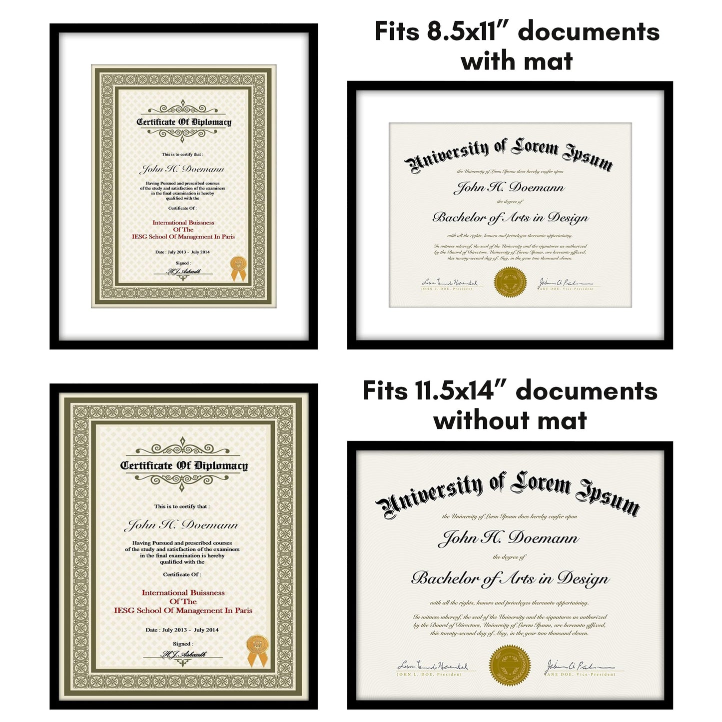 Americanflat 11.5x14 Diploma Frame with Shatter-Resistant Glass - Use as 8.5x11 Frame with Mat or Display 11.5x14 Document Without Mat - Legacy Collection - Certificate Frames for Wall - Black
