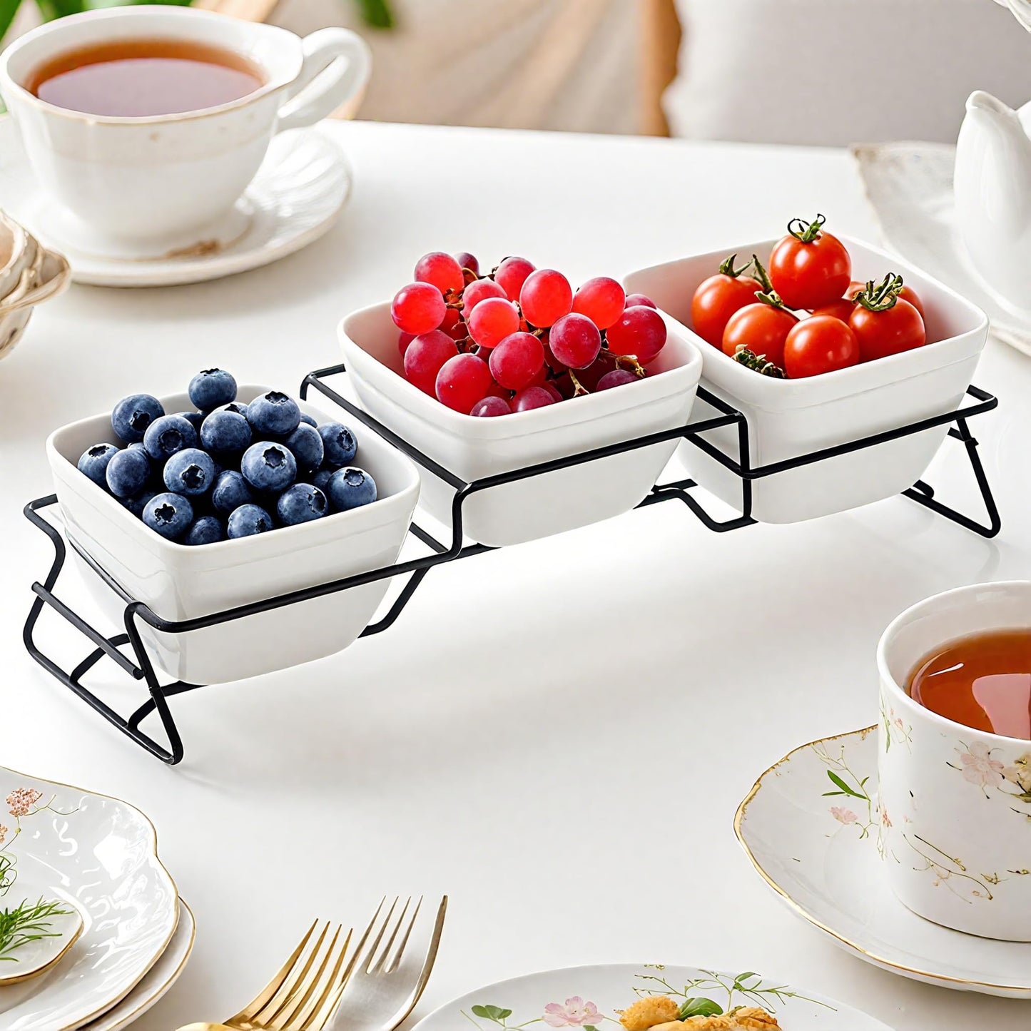 ZENFUN 10 oz Square Bowl Chip & Dip Serving Set, Pocelain Ramekin Bowls with Metal Rack Stand, White Small Serving Dishes, Condiment Serving Tray for Entertaining, Party, Buffets, Christmas