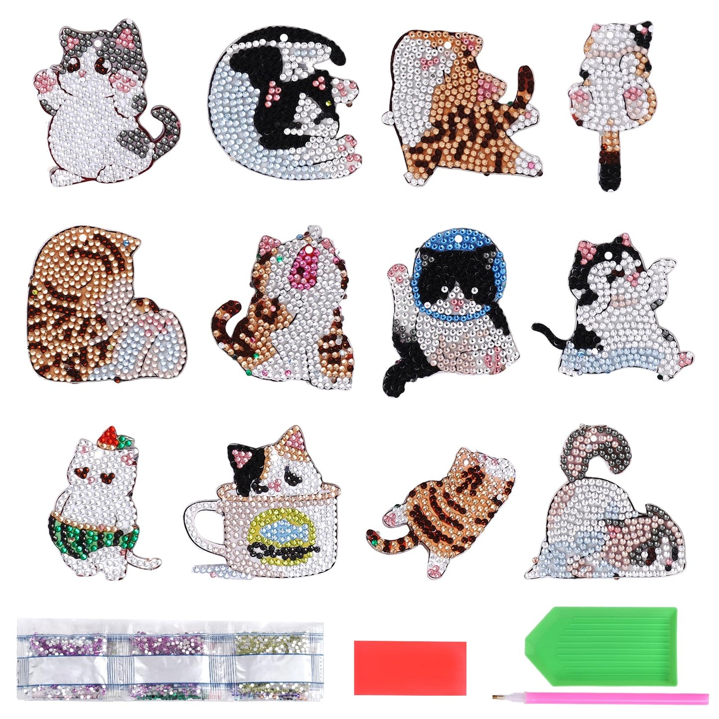 12 PCS Diamond Painting Magnets Kits Cat Fridge Magnet Refrigerator Stickers Diamond Art Painting Gem Keychains Painting kit for Beginners Adult DIY Art Craft Gift Home Decor