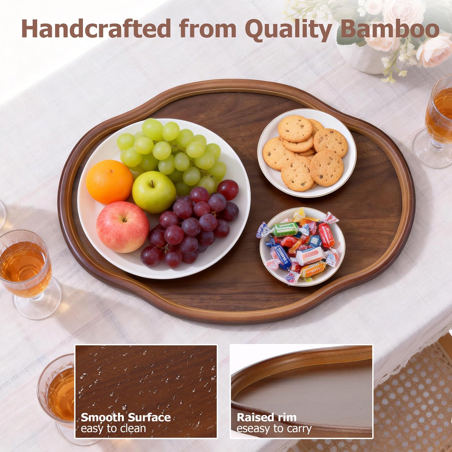 Wood Serving Tray, Wooden Tray, 14.57 Inch Irregular Decorative Serving Trays Platters for Home,Party,Coffee Table,Dining Table & Countertop