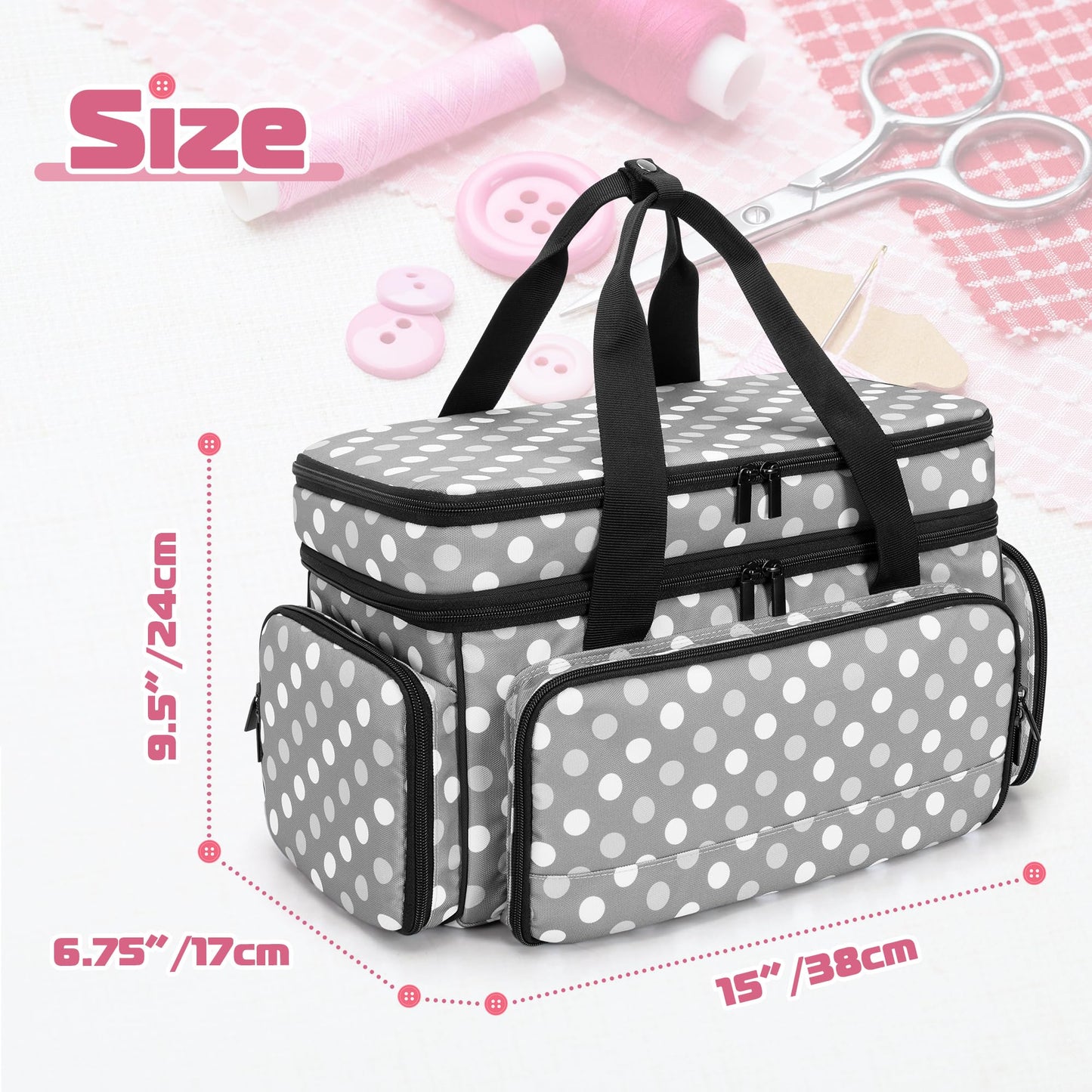 LUXJA Large 2 Layers Sewing Organizer Bag with 5 Detachable Dividers, Sewing Storage Bag for Sewing Supplies, Polka Dots
