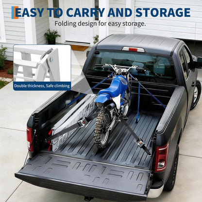GarveeTech 7.5 Foot Folding Aluminum Motorcycle Ramp 750 LB Capacity Dirt Bike Ramp for Pickup Trucks with Crossbar Rungs and Rubber Tipped Ends 89 x 12 Inch 2 PC