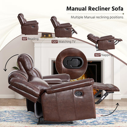 ANJ Premium Genuine Manual Reclining Sofa Set with Overstuffed Backrest, Included Single Recliner Chair and Loveseat 2-Seater Couch with Storage Console, 2-Piece Living Room Furniture Set, Rust Brown