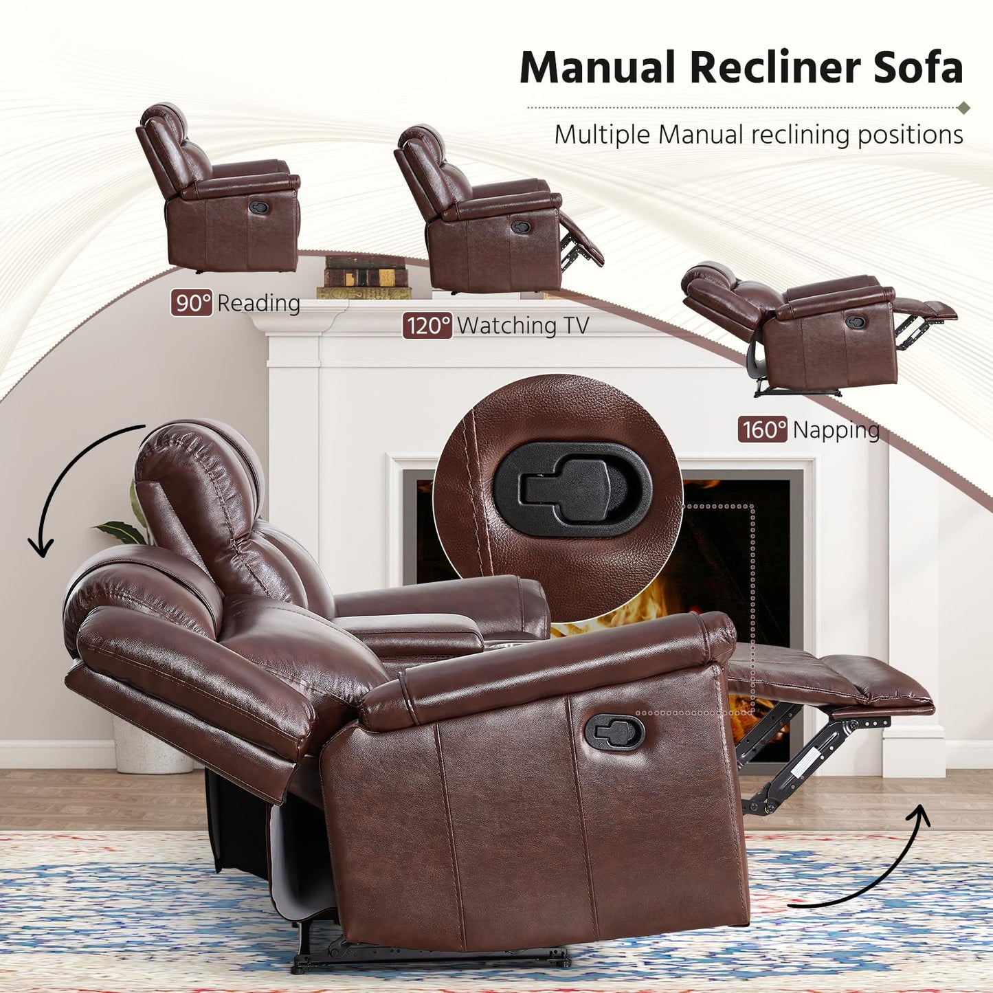 ANJ Premium Genuine Manual Reclining Sofa Set, Included Single Recliner Chair and Loveseat 2-Seater Couch Set of 2 with Hidden Storage& Cup Holders, 3-Piece Living Room Furniture Set, Rust Brown