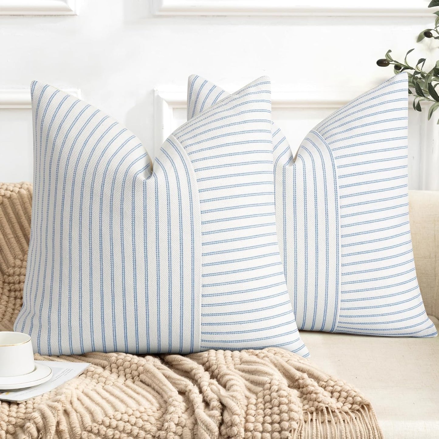 24x24, Set 2, YCOLL Farmhouse Pillow Covers Modern Accent Square Throw Pillow Covers of Light Blue and Beige Striped