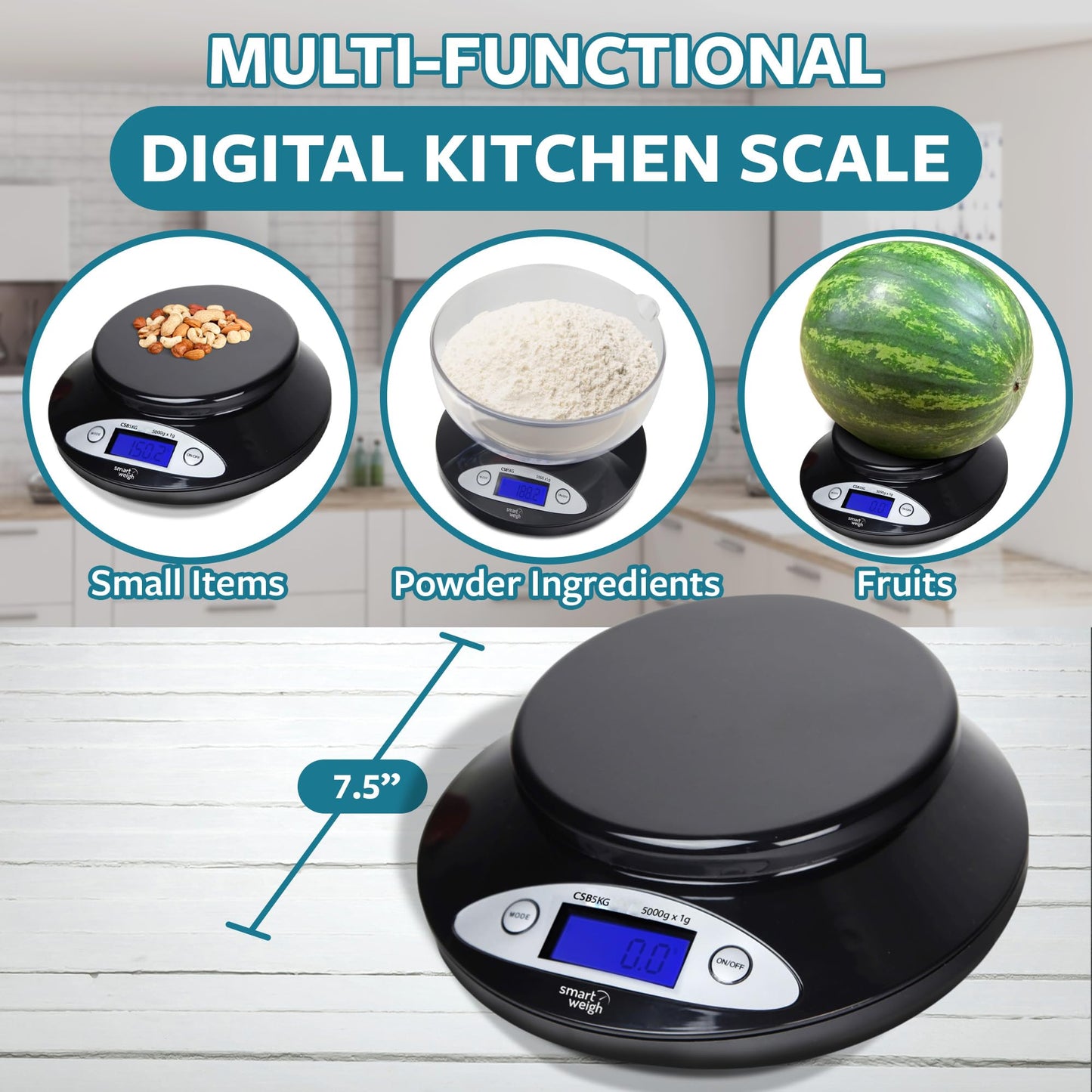 Smart Weigh Digital Kitchen Scale with Removable Bowl – 11lb/5kg Capacity, 0.1oz/1g Precision – High Accuracy Food Scale for Baking, Cooking & Meal Prep (Black)