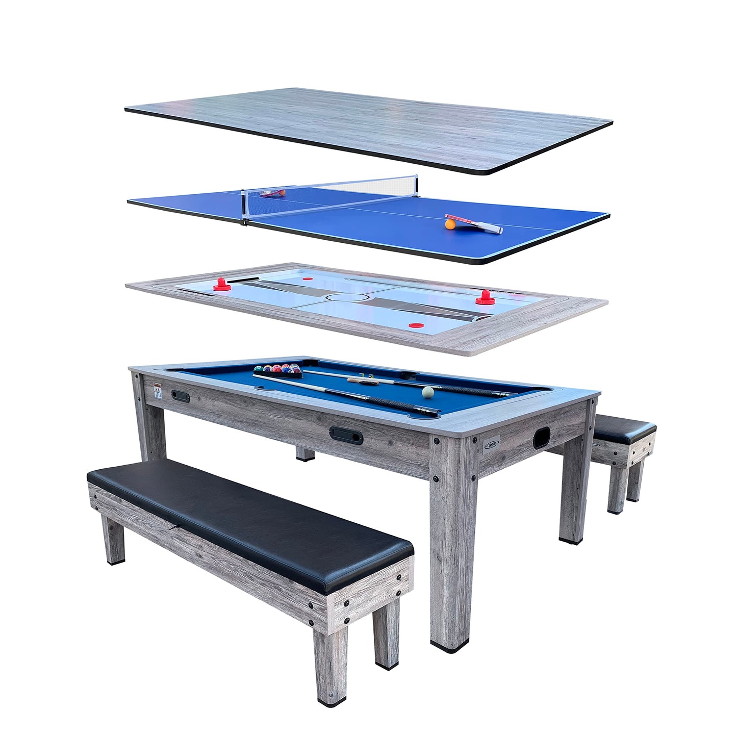 RACK Luxor 7.5-Foot 4-in-1 Multi-Game Swivel Billiard/Pool Table (Blue Felt with 2 Bench) – Pool Table, Table Tennis, Air Hockey & Dining Table – Portable Multi Game Table for Adults & Kids