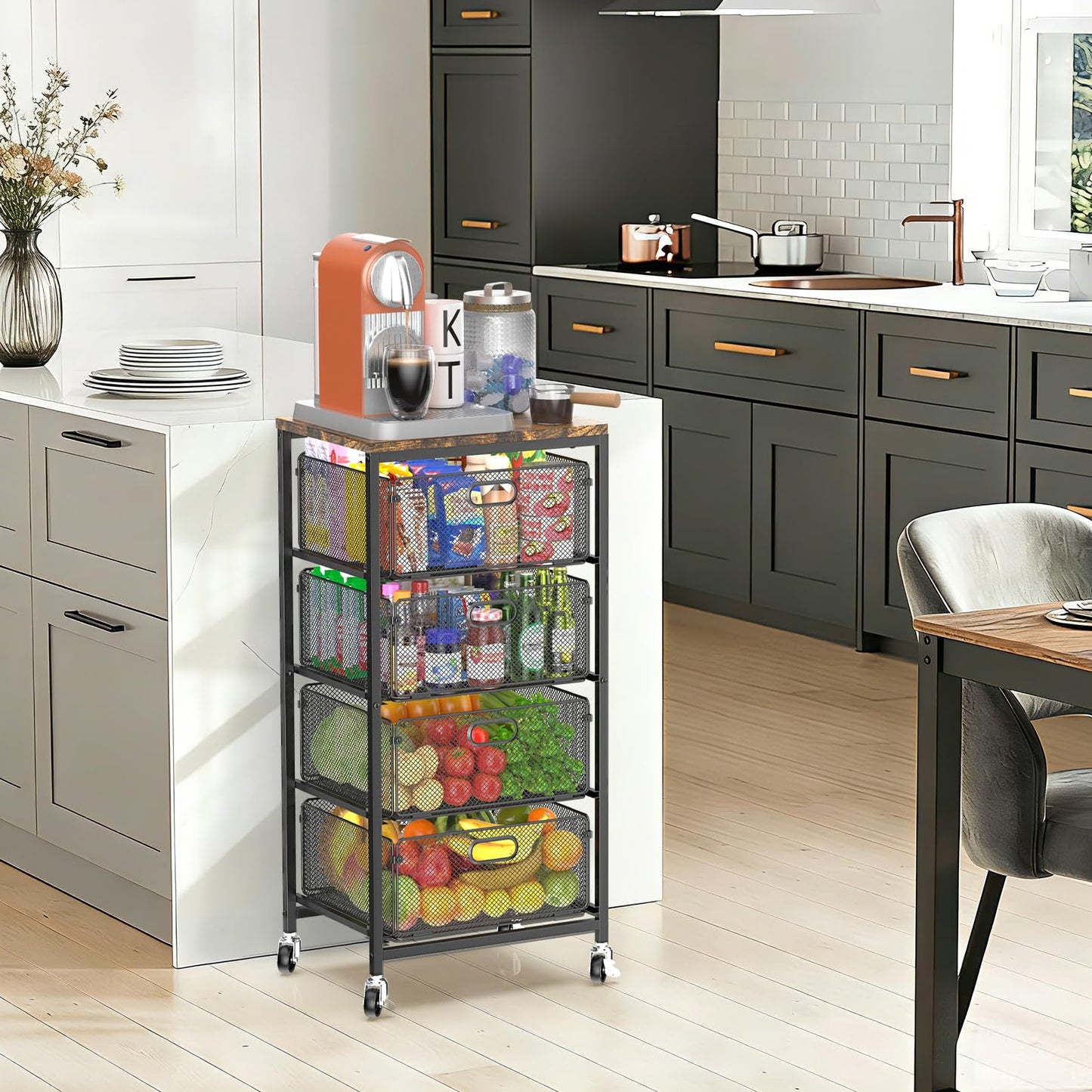 SUNALLY Rolling Kitchen Cart with Drawers, 4-Tier Utility Cart Fruit Vegetable Storage Cart with Lockable Wheels, Wooden Top Metal Kitchen Storage Organizer for Cans, Snacks, Beauty, Craft, Art, Black