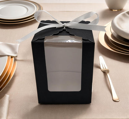 Black Sparkling Favor Boxes-40 Ct Large 4"x4"x5" Clear Window. Includes 2 Ribbons (40 White 40 Black) Stemless Wine Glass Gift Box. Bottom Insert for Durability. Ideal for Weddings, Events, Halloween