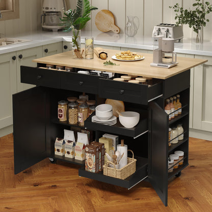 Garvee Rolling Kitchen Island Cart with Power Outlet & Drop Leaf, Kitchen Storage Cabinet On Wheels with 3 Drawers, Spice Rack & Towel Rack, Mobile Island Table for Kitchen