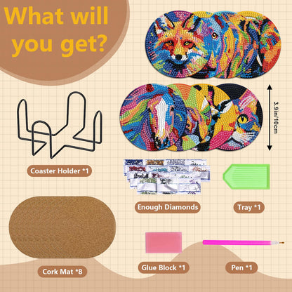 HMZephitiquc Animal Diamond Art Coasters, 8 Pcs Diamond Painting Coasters with Holder, 5D Gem Art Kit Easy Crafts, Non Slip Coaster for Home Decor Gift
