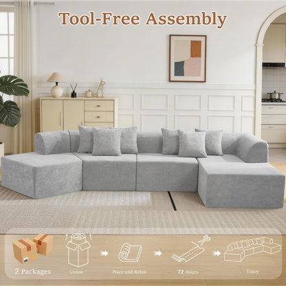 CACFTII 140" Oversized Boneless Couch, Curved Cloud Sectional Couch with L-Shape Chaise, Compressed Memory Foam Couch, Velvet Modular Sectional Sofa for Living Room, No Assembly Required, Grey