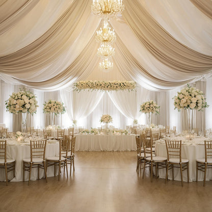 Htper 10 Panels 5x20ft Beige Ceiling Drapes for Wedding Parties, Wrinkle Free Thick Polyester 20ft Extra Long Wedding Draping Beige Ceiling Curtains Arch Drapery for Birthday Party Canopy Tent Decor