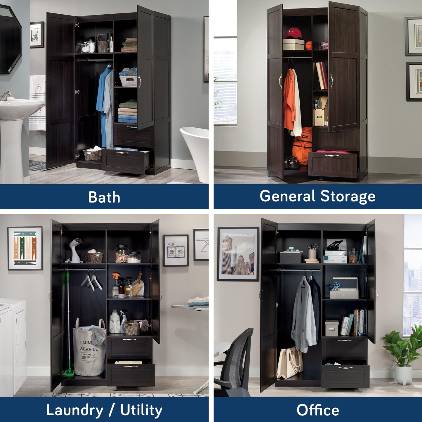 Sauder Select Multipurpose Bedroom Armoire Wardrobe Closet Pantry Storage Cabinet with Storage Drawers and Hanging Rail, in Cinnamon Cherry