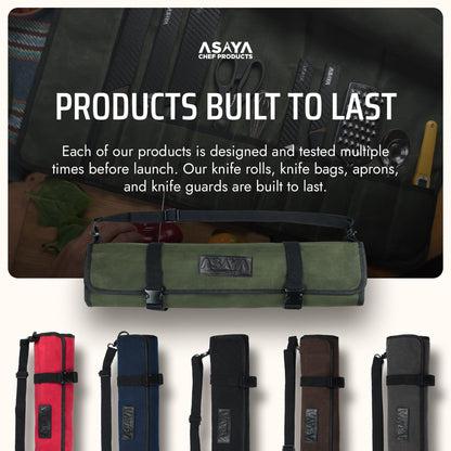 Asaya Waxed Canvas Chef Knife Roll Bag with 10 Slots and a Zipper Pocket - Professional Chef Knife Bag & Storage Case, with Shoulder Strap - Knives Not Included (Forest Green)