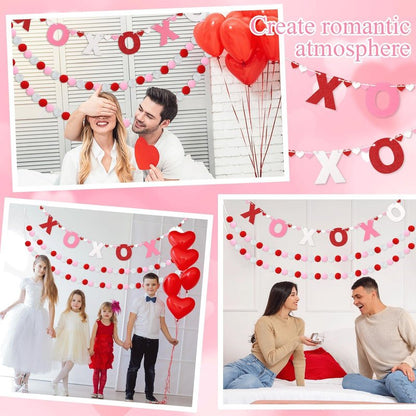 QOUBAI 3pcs Valentine's Day Garland Felt Ball Garland 10ft Pompom Garland Valentine Decorations XOXO Felt Ball Banner for Mantle Fireplace Room Valentine's Day Anniversary Engagement Party Supplies