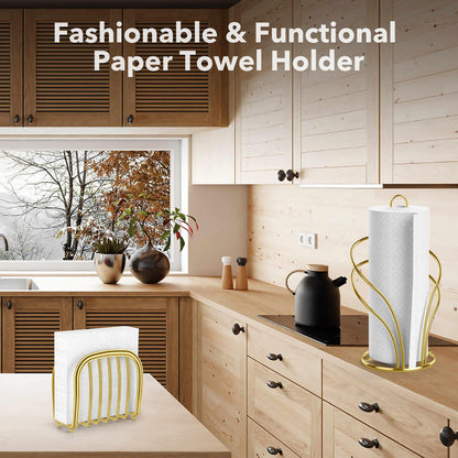 Paper Towel Holder Countertop, Stainless Steel Paper Towel Roll Holder and Paper Napkinholder Set, Standing Paper Towel Roll Holder Stand with Weighted Base Suction Cups (Gold)