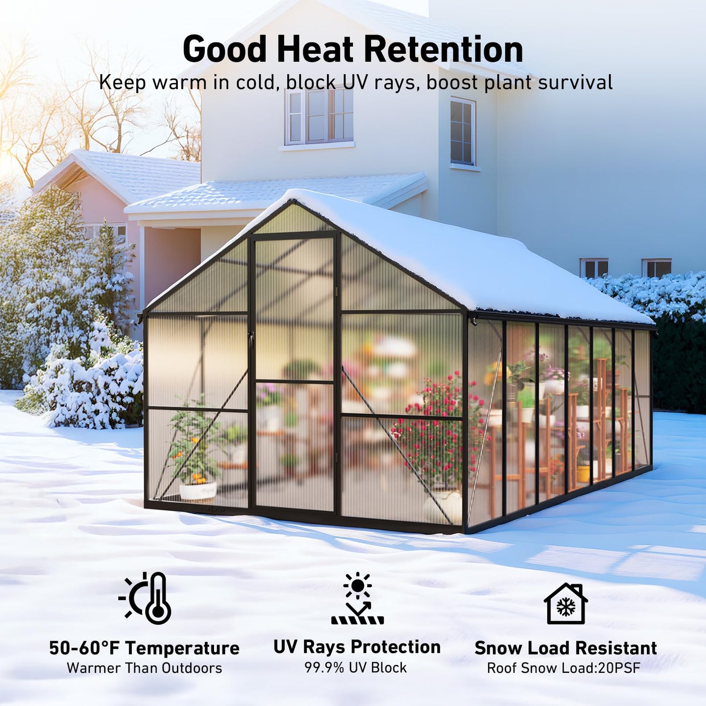 SYLVIERA 8x14FT Walk-in Greenhouse with Hygrometer,Polycarbonate Green House with UV Protection, Heavy Duty Greenhouse with Windproof Aluminum Frame, Roof Vent & Quick-Install Design