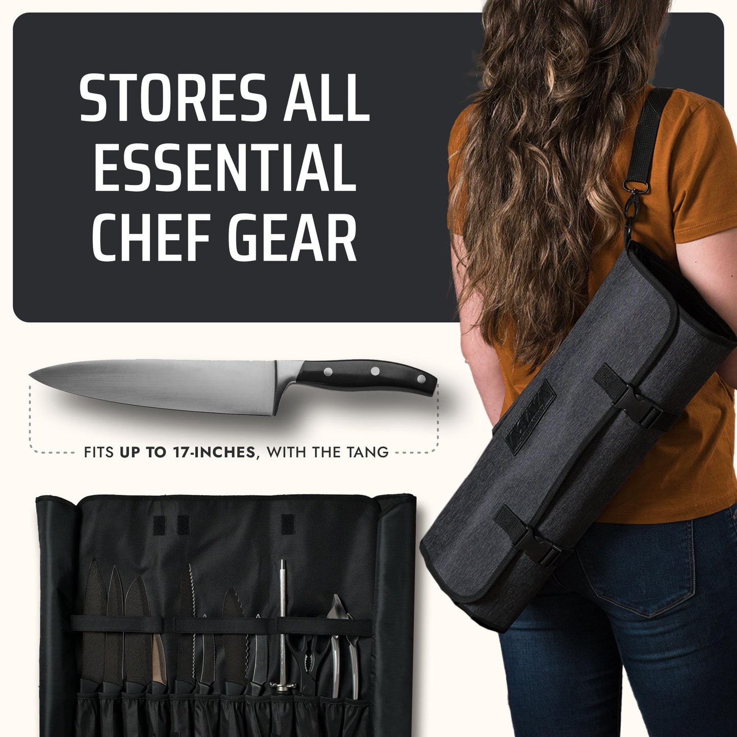 Asaya Waxed Nylon Chef Knife Roll Bag with 20 Slots and Zippered Pockets - Professional Chef Knife Bag & Storage Case, Tool Carrier with Shoulder Strap - Knives Not Included (Black)