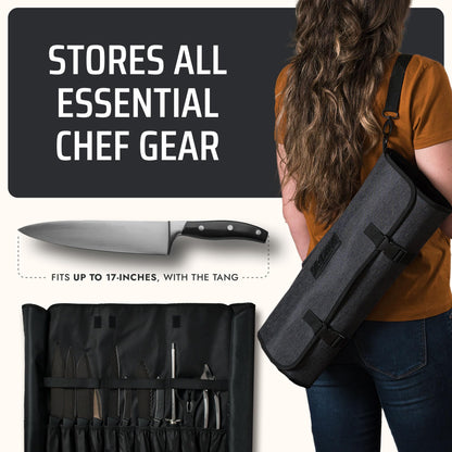Asaya Waxed Nylon Chef Knife Roll Bag with 20 Slots and Zippered Pockets - Professional Chef Knife Bag & Storage Case, Tool Carrier with Shoulder Strap - Knives Not Included (Black)