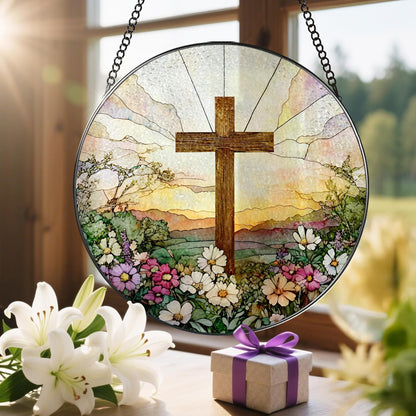 Skiennix 8-Inch Stained Glass Cross Suncatcher - Beautiful Wildflower Design for Home Decor