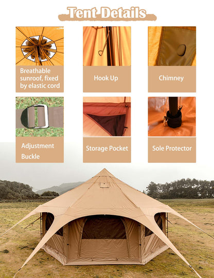 Thcbme 5M Cotton Canvas Bell Tent - Yurts with Stove Jack, Windproof, Breathable Shade, Family Camping Travel, Group Activities, 4 Season Polyester (6-10People), Khaki, 16.4ft (MXT16.4ft-KQ)