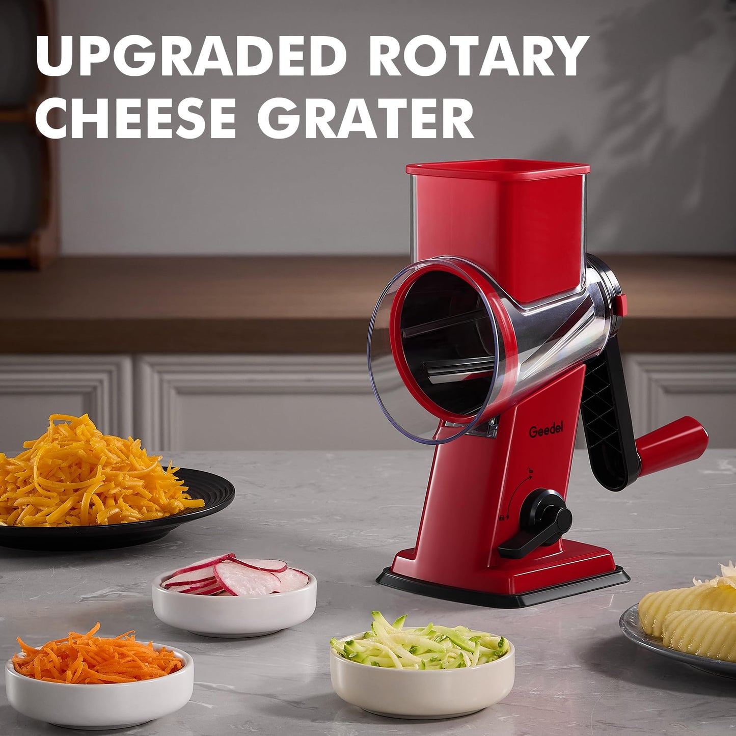 Geedel Rotary Cheese Grater - Upgraded Vegetable Shredder with 4 Interchangeable Blades, Easy to Clean Cheese Shredder with Handle, Kitchen Grater Nuts Grinder for Cutting Cheese, Vegetable, Nuts