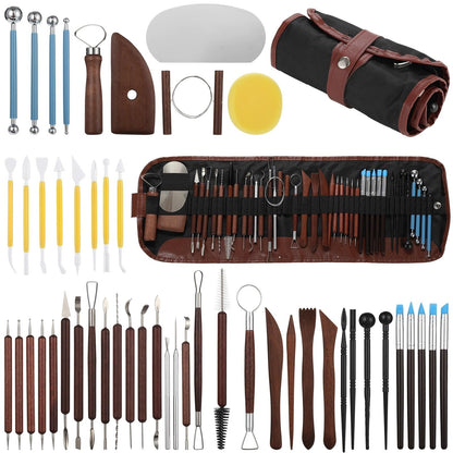 8 Pcs Pottery Tools Kit with Roll-Up Storage Bag, Clay Carving Set, Professional Ceramic Sculpting Modeling Instruments for Beginners & Expert Artists, Wood Metal Plastic Materials
