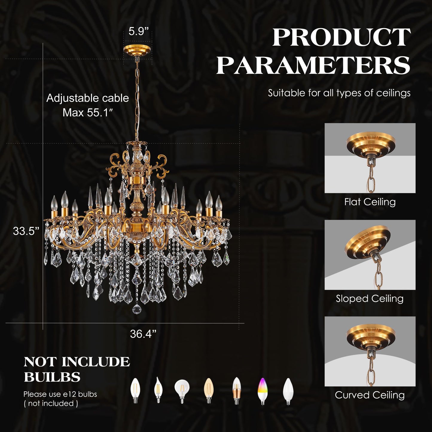 MEELIGHTING Gold Crystal Chandelier, 10-Light Antique Bronze Candle Pendant Ceiling Light Fixture with K9 Crystals for Dining and Living Room, Bedroom, Kitchen Island, Hallway, Dia 36"