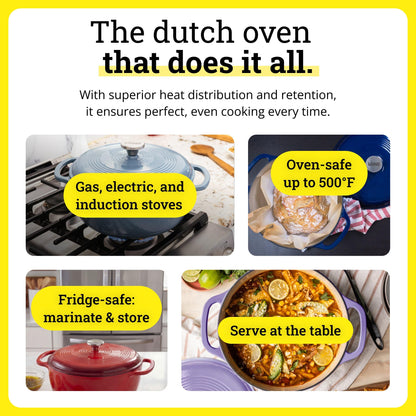Lodge 3 Quart Enameled Cast Iron Dutch Oven with Lid – Dual Handles – Oven Safe up to 500° F or on Stovetop - Use to Marinate, Cook, Bake, Refrigerate and Serve – Storm Blue