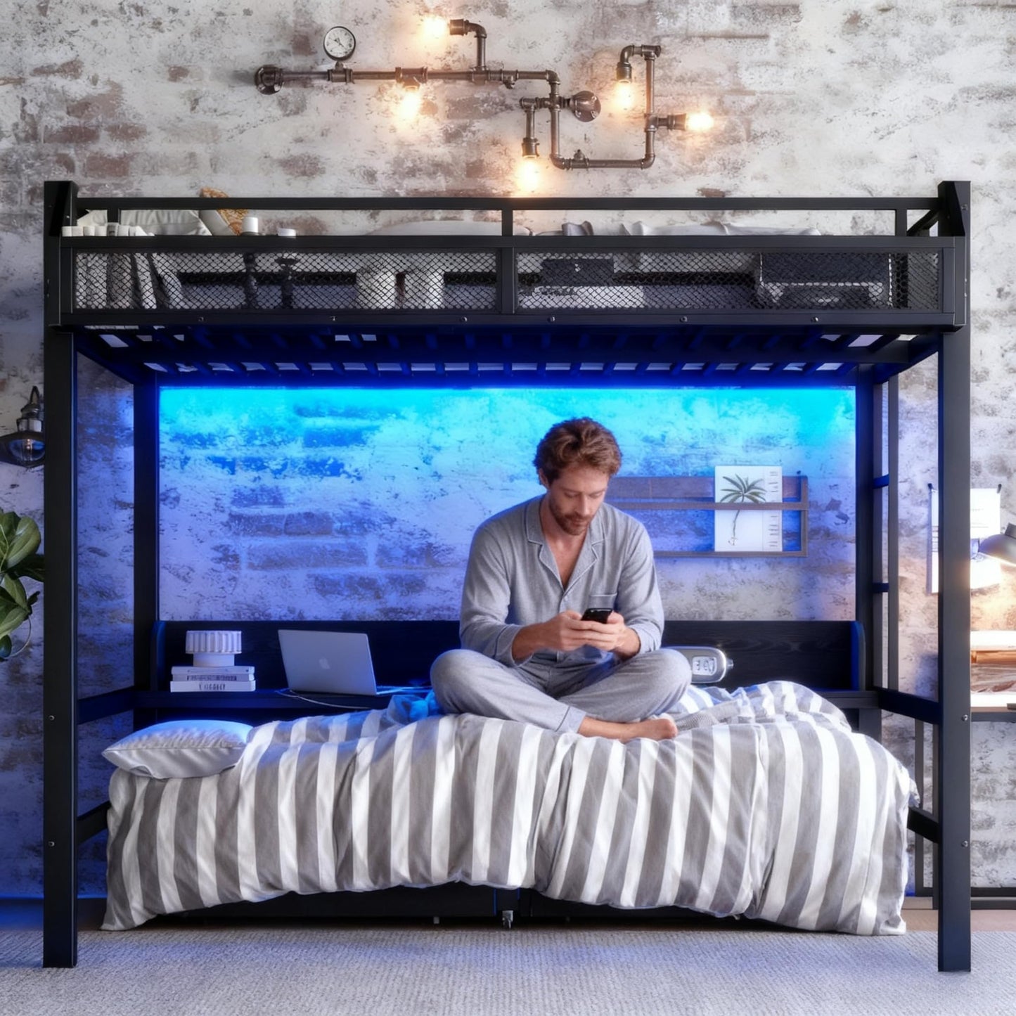 Queen over Queen Bunk Bed with Storage Drawers and Shelves, Metal Bunk Beds with Lights and USB Ports, Convertible Lower Bunkbed Queen for Guests, Bedroom, Dorms, Multi-function and Noise-free, Black