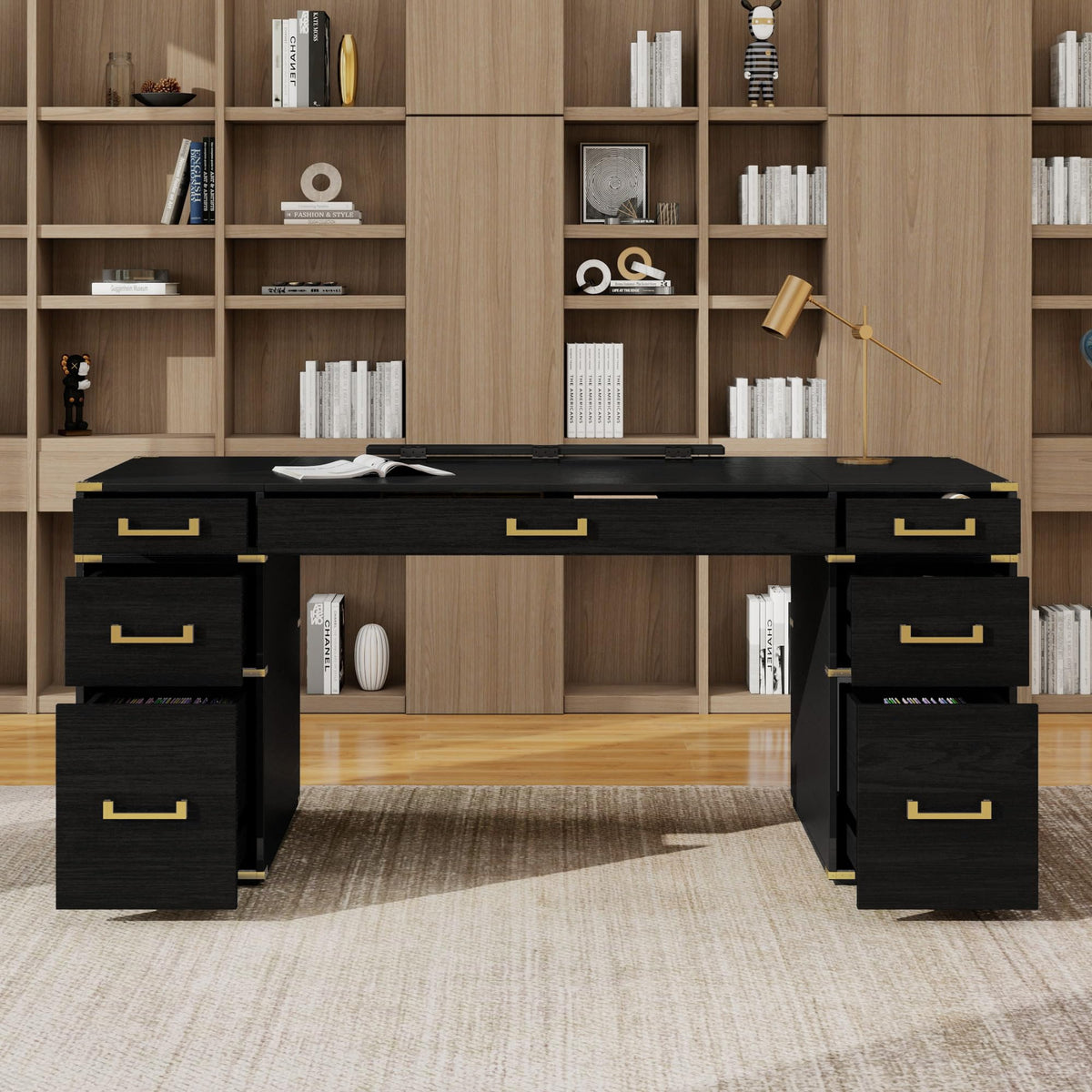 Merax 70" Traditional Executive Desk with Metal Edge Trim, Classic Writing Desk with 2 File Drawers, USB Ports and Outlets, Extra-Large Desk with Hidden Compartment for Home Office, Study Room
