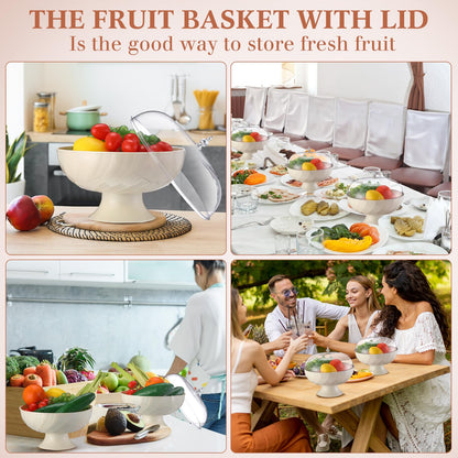 LOYIM 2 Pcs Fruit Bowl with Lid for Kitchen 9.65 Inch Fruit Basket with Draining Holes and Removable Pedestal Fruits Holder for Dining Table Decorations Counter Food Vegetable Storage Accessories