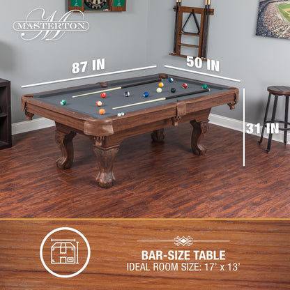 EastPoint Masterton 2.0 Bar-Size Pool Table - 87 in, Slate Gray - Pro Bounce Rubber Cushions for Billiards - Leg Levelers for Even Play on Billiard Tables - Complete Pool Cue & Ball Set