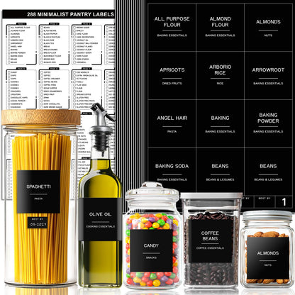 Kuocodall 288 Pantry Labels for Food Containers, Black Preprinted Minimalist Waterproof Stickers for Organizing Storage Bins, Jars and Kitchen
