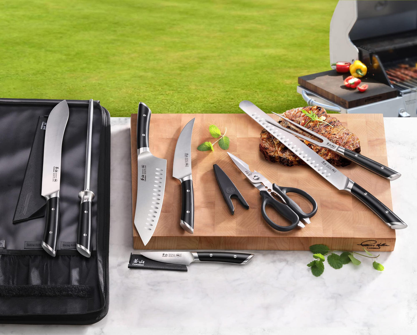 Cangshan HELENA Series German Steel Forged BBQ Knife Set (Black, 9-Piece Bag Set)