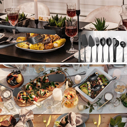 AARAINBOW Exquisite 8 Pieces Serving Utensils Set, Stainless Steel Serving Utensils Large Hostess Serving Set with Serving Spoons, Serving Tongs, Serving Fork, Cake Knife for Parties Buffet (8 Black)…