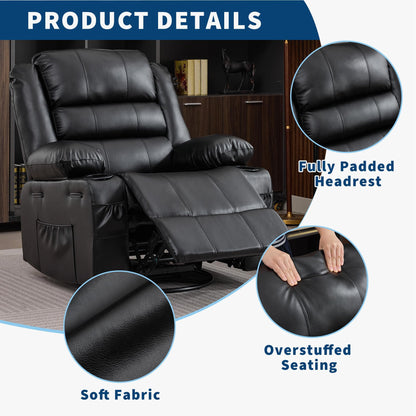 Rocking Recliner Chair for Adults Wide 360° Swivel Rocker Recliner with Cup Holder Nursery Glider with Upholstered Deep Seat PU Leather Comfy Single Sofa for Living Room Black