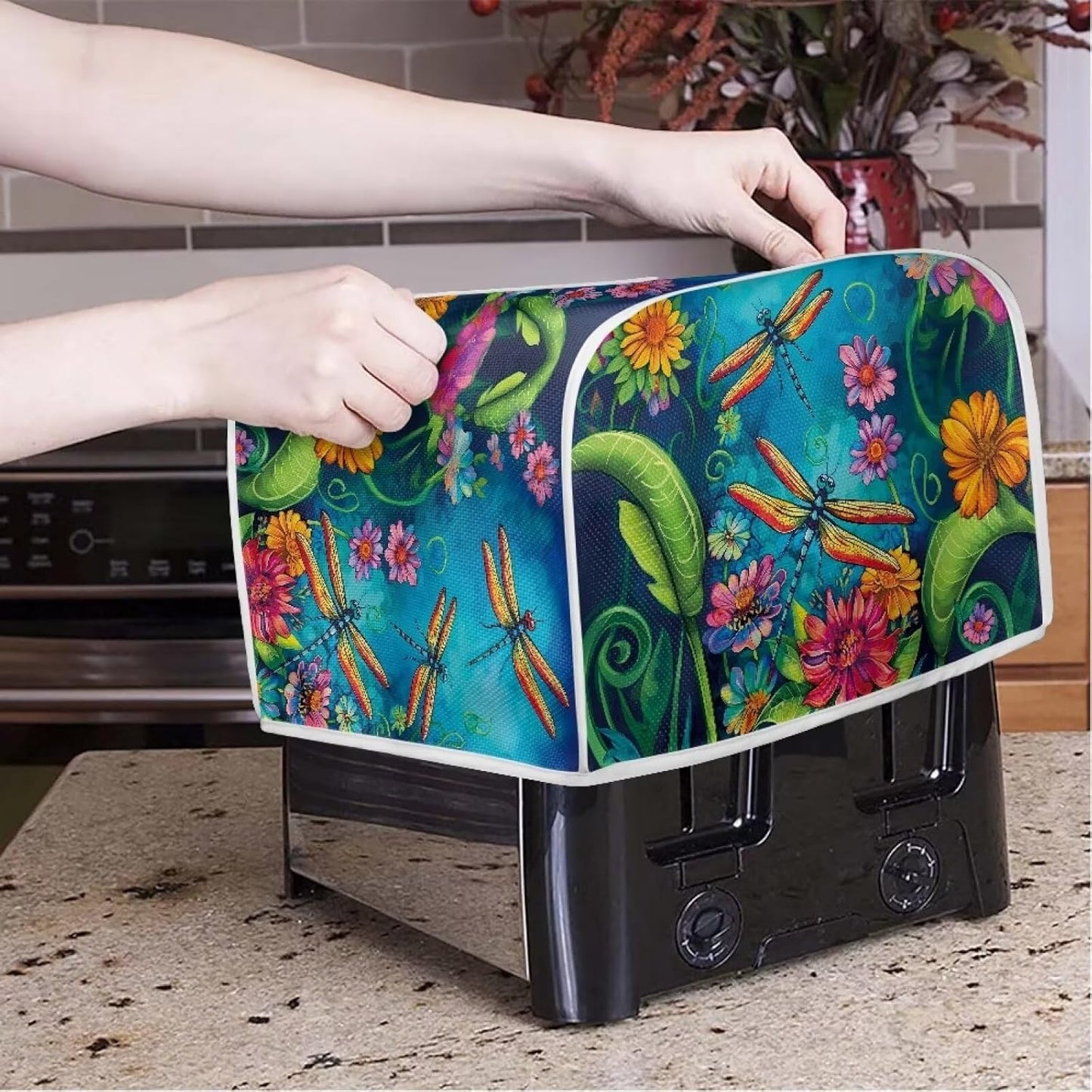 Dragonfly Flower Printed Toaster Cover, 2 Slice Long Slot, Washable Dust Protection for Kitchen Small Appliances