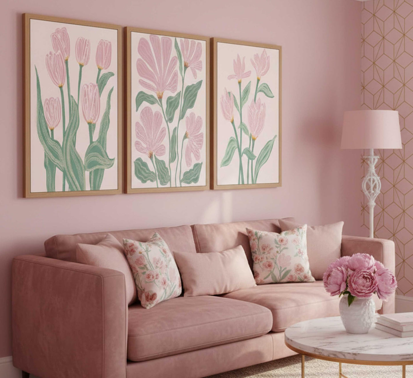 3 Pcs Pink Tulips Flowers Canvas Wall Art Boho Pink and Green Abstract Floral Botanical Paintings Pictures Wall Decor Poster Print Artwork for Living Room Bedroom Home Decoration Unframed