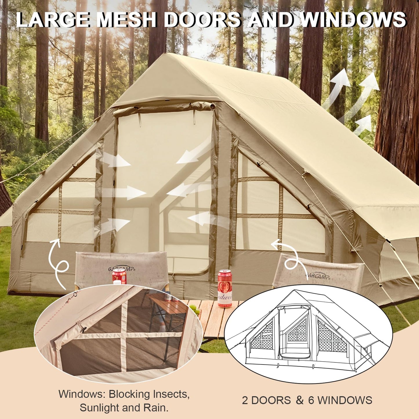 Inflatable Tents for Camping, 4-6 Person Easy Blow Up Tent with Hand Pump,4 Seasons Waterproof Air Inflatable Camping Tent House for Family Weekend Camping，Beige