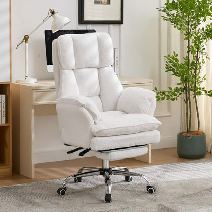 Ergonomic Cloud Cross Legged Office Chair with Footrest,Teddy Fleece Big and Tall Executive Chair with Wheels,Reversible Armrest,155° Reclining Computer Wide Desk Chair for Home,Office (White)