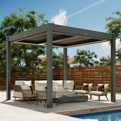 Patiowell 10x10 FT Louvered Pergola, Electric Outdoor Aluminum Pergola with LED Lights, Modern Hardtop Gazebo with Integrated Drainage & Adjustable Roof for Patio Backyard Deck, Gray