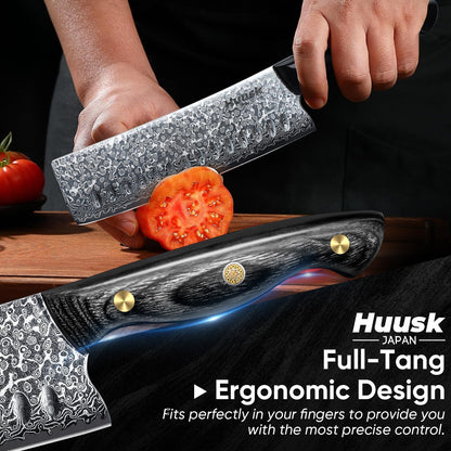 Huusk Damascus Nakiri Knife 7inch - Japanese Knives with Sharp Edge and Wooden Handle, Hand Forged Chef Knives for Home Use, Meat Vegetables Fish Knives, Christmas Gift for Men and Women