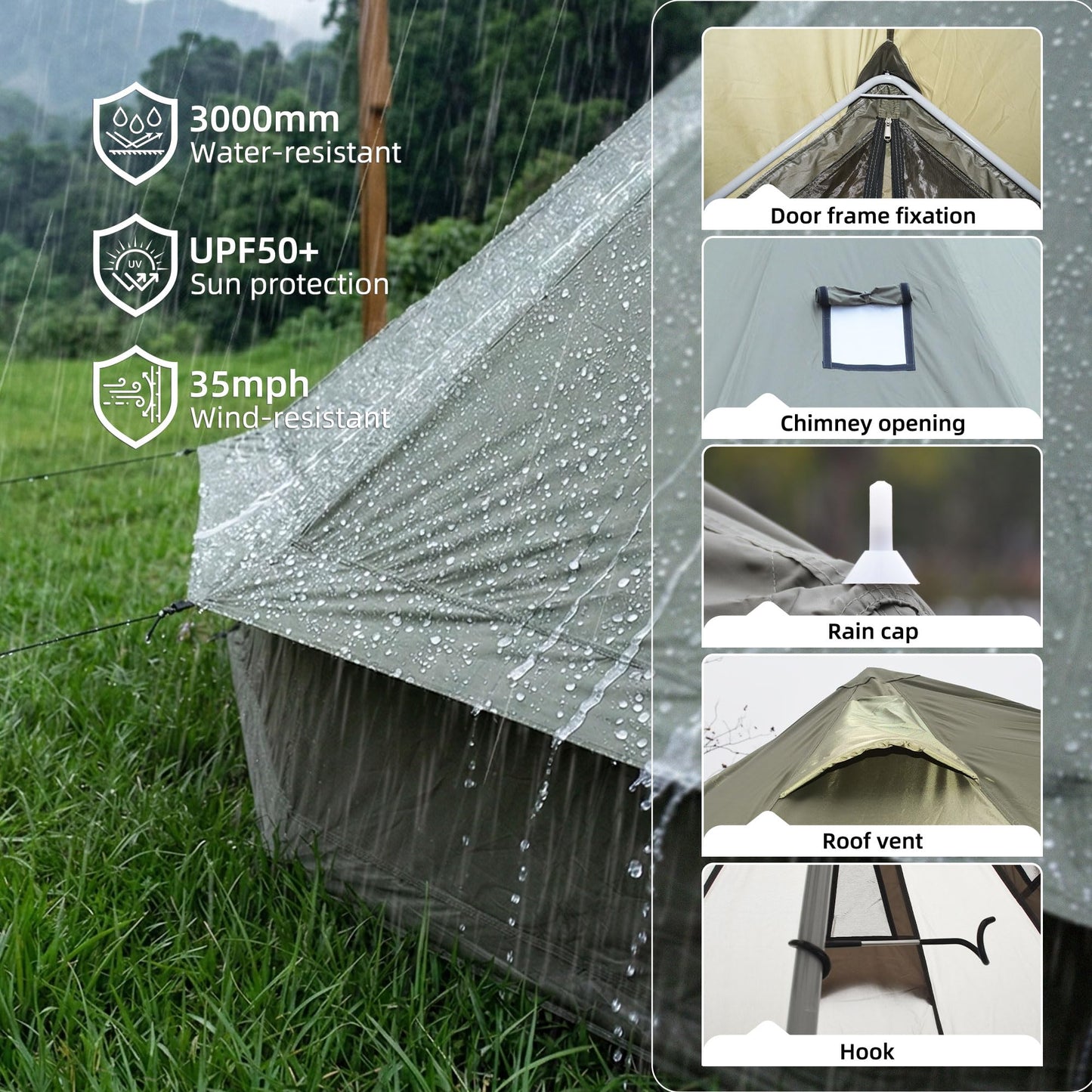 KEIKI 4 Season Canvas Bell Tent 13.1 FT Waterproof All Weather Glamping Yurt Tent, Luxury Hot Tent Stove Jack, Breathable Large Family Camping Teepee for 6 People Outdoor Adventure & Party, Beige