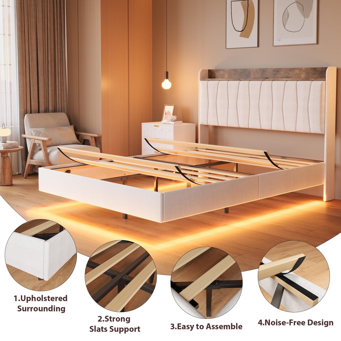 Garvee King Size Floating Bed Frame with LED Lights and Storage Headboard, King Upholstered Metal Platform Bed with Charging Station, Linen Fabric, No Box Spring Needed, Easy Assembly, White