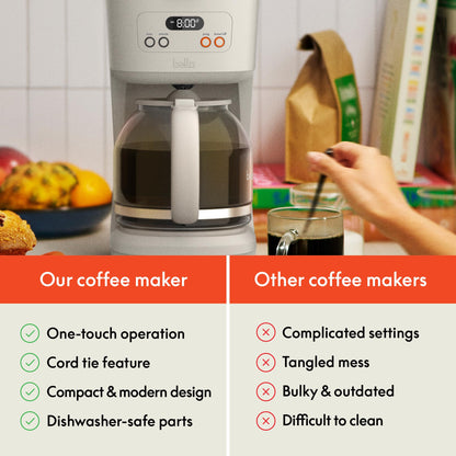 BELLA 12 Cup Programmable Coffee Marker, Reusable Dishwasher Safe Accessories, Easy LCD diaply, Auto Shutoff, 900 watt, Oatmilk