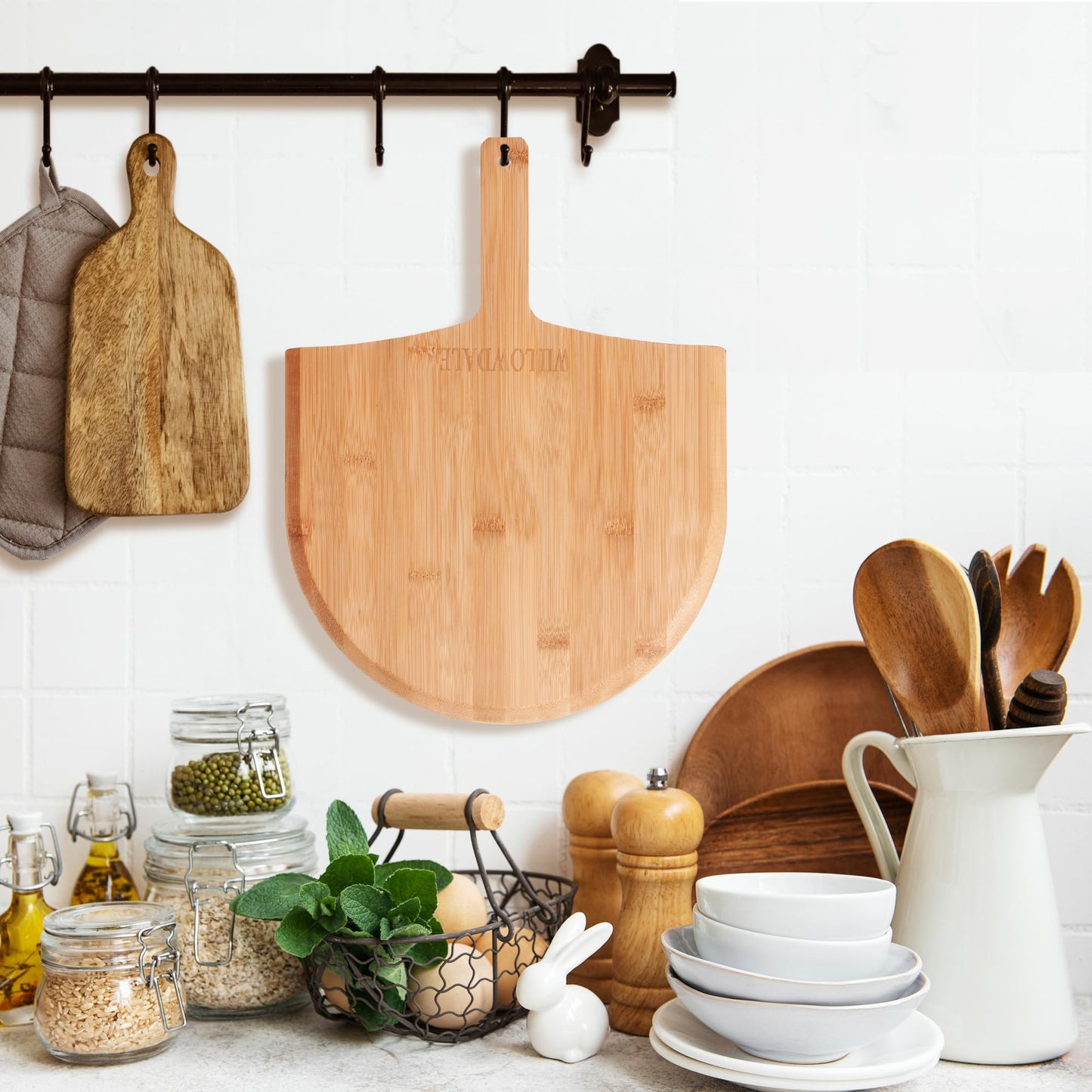 WILLOWDALE 12 Inch Wood Pizza Peel, 2pcs Kitchen Bamboo Pizza Paddle Spatula, Large Pizza Oven Accessories for Baking with Handle, Wooden Cutting Serving Board for Cheese Bread Pie Fruit Vegetable