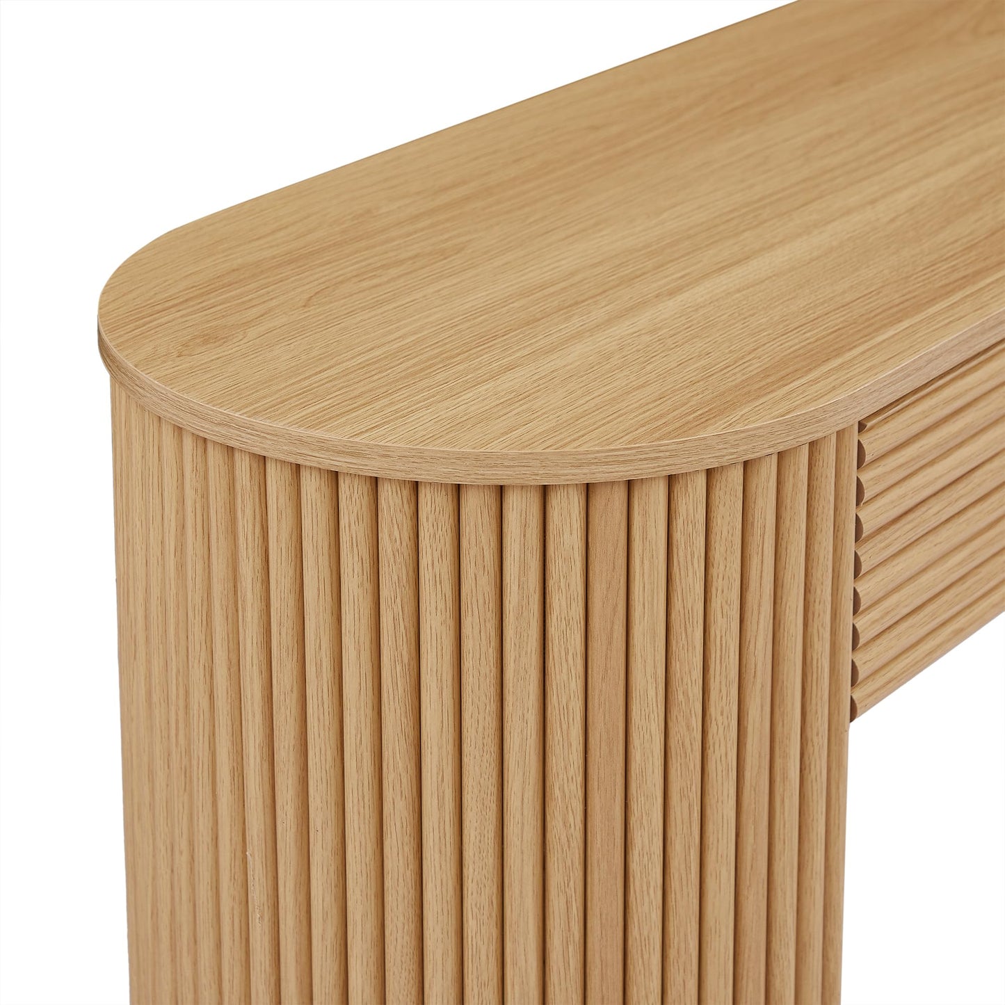 Christopher Knight Home Sara MDF Console Table With Storage, Narrow Entryway Table With 3 Drawers & Table-Leg Niche, Retro Couch Table, Round Slat Aesthetic Sofa Table For Living Room Hallway, Natural